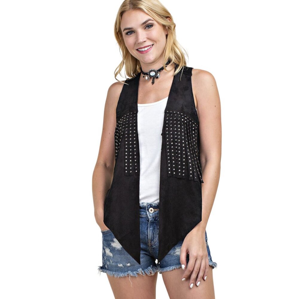 Vocal Western Fringe Studded Rhinestone Vest Sz Small Black Faux Suede Boho